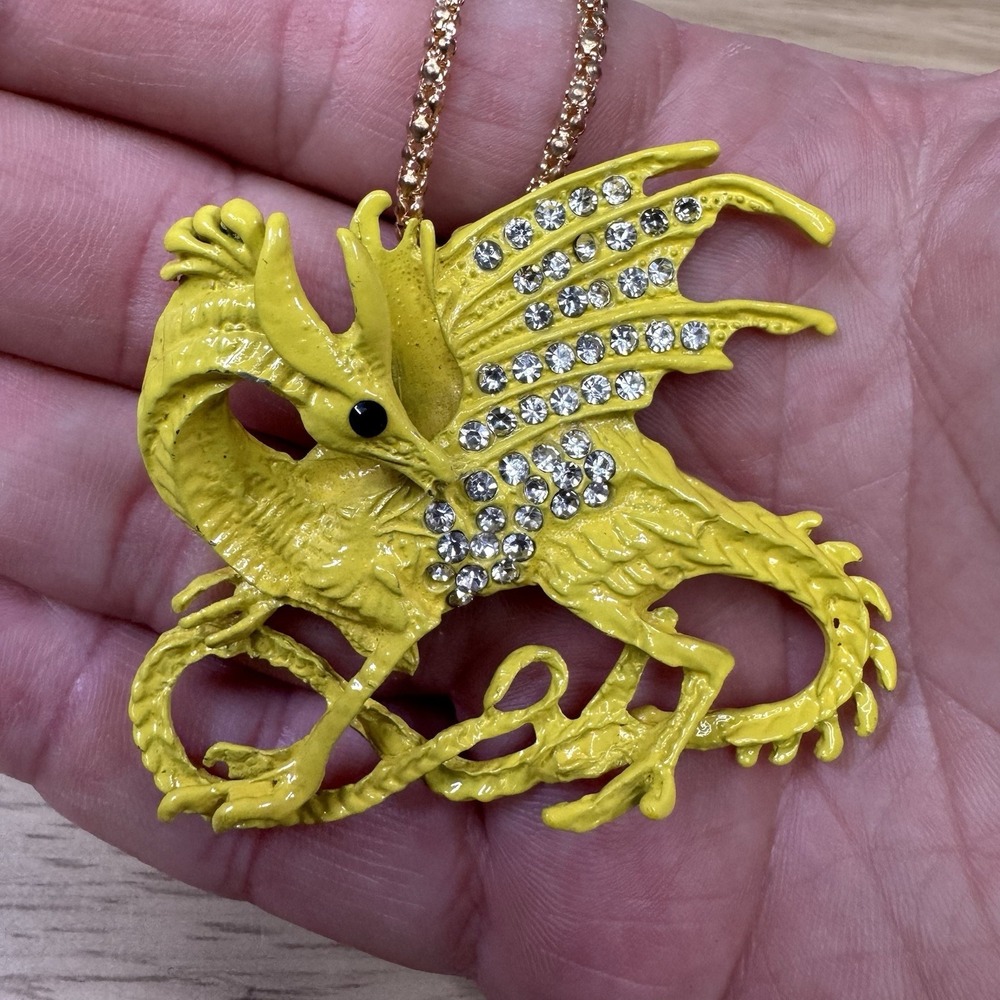 Betsey Johnson Yellow Dragon Necklace / Brooch Enamel Rhinestone Pin Fantasy - Picture 2 of 5